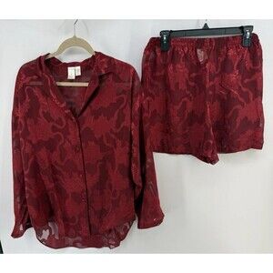 Vtg Victoria's Secret button up l/s Shorts Set Small Gold Label Red semi sheer